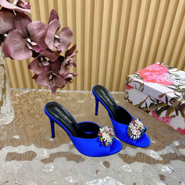 DC Rhinestone Buckle Mules Blue Silk & Sheepskin 926024