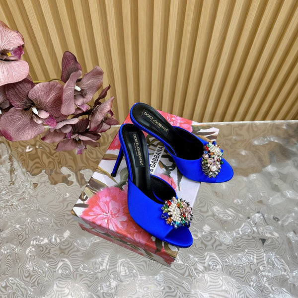 DC Rhinestone Buckle Mules Blue Silk & Sheepskin 926024