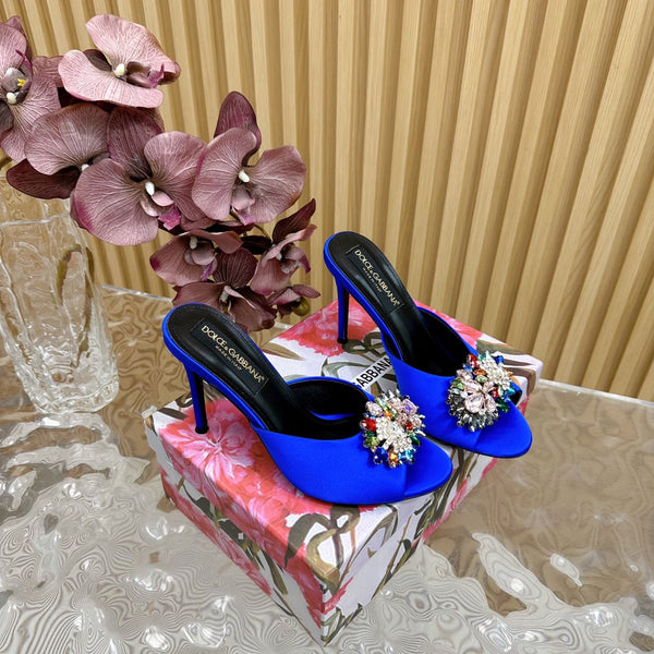 DC Rhinestone Buckle Mules Blue Silk & Sheepskin 926024
