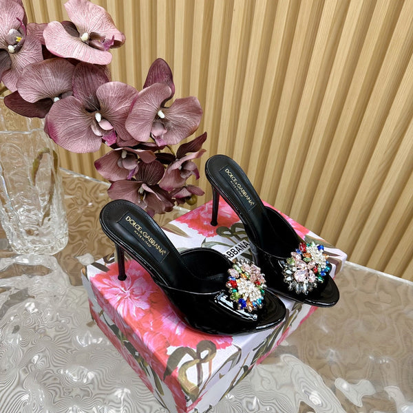 DC Rhinestone Buckle Mules Black Silk & Sheepskin 926030