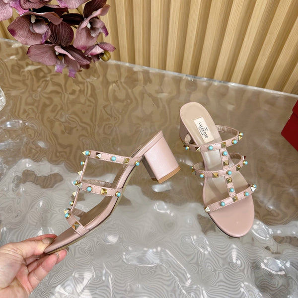 Rockstud Leather Caged Mule Sandals 60mm Pale Pink Sheepskin 307861