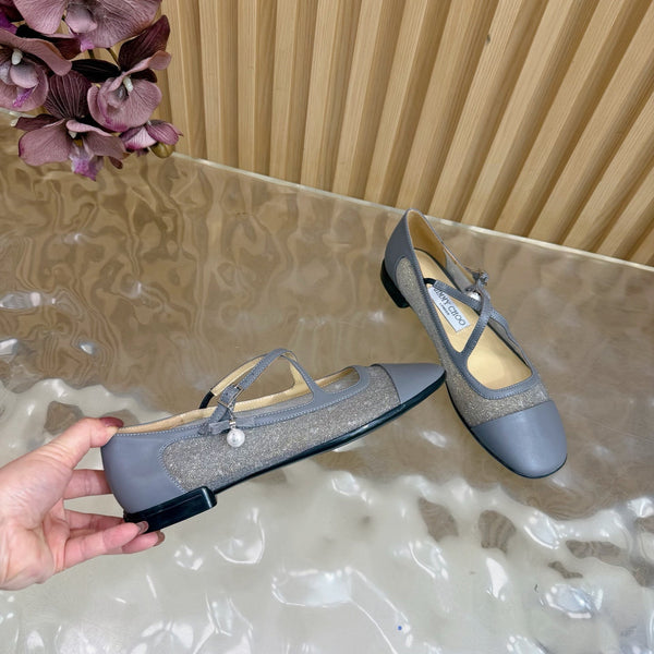 Jimmy Choo Mary Jane Flat Shoes Gray Mesh Leather 537765