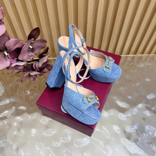 GG 26s Horsebit Platform Sandals 11cm Blue Canvas 886502