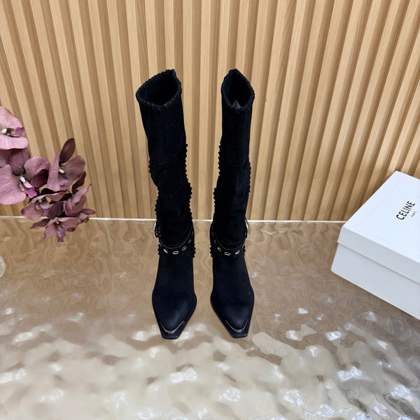 CE 26s Western Knee-High Boots Black Suede 995403