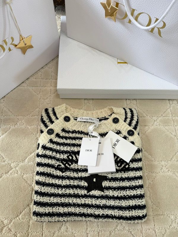 CD 2025 Striped Knitted Short Sleeves Beige mix Black Cotton