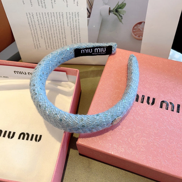 THICK HEADBAND IN SKY BLUE TWEED EMBELLISHED SEQUINS 406044