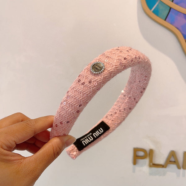 THICK HEADBAND IN PINK TWEED EMBELLISHED SEQUINS 406045