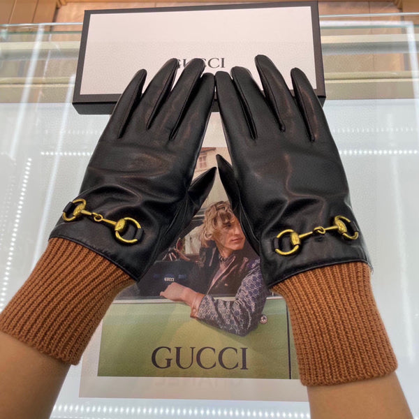 HORSEBIT GLOVES IN BLACK LAMBSKIN MIX GINGERBREAD BROWN WOOL 465052