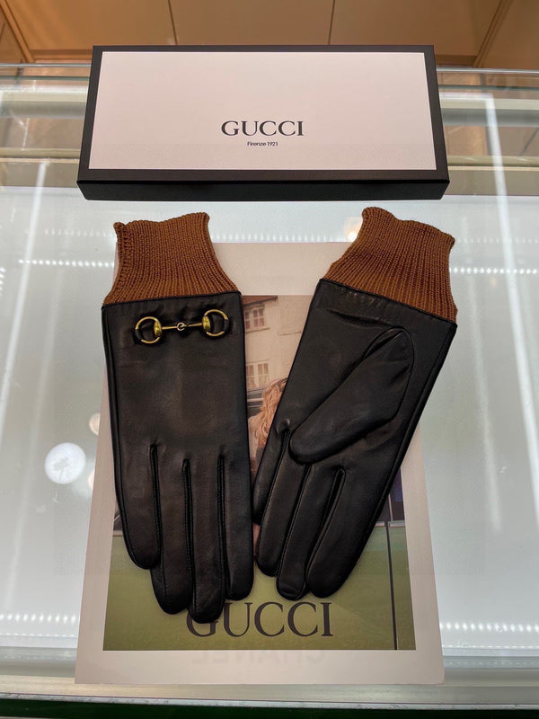 HORSEBIT GLOVES IN BLACK LAMBSKIN MIX GINGERBREAD BROWN WOOL 465052