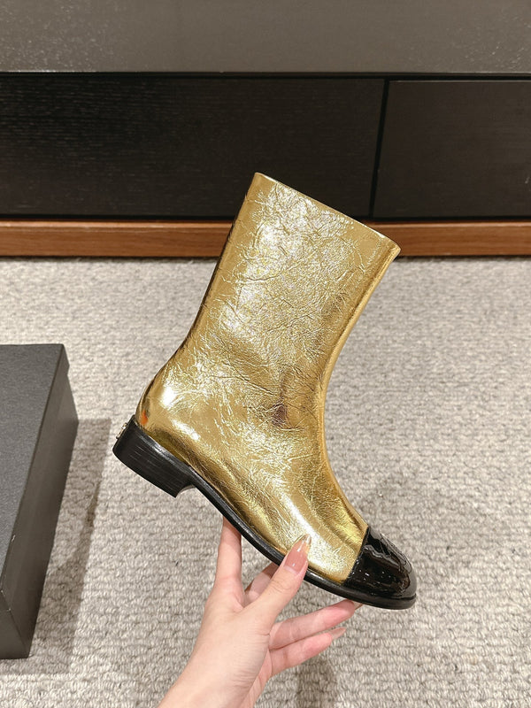 CC Short Boot Gold Metalic Lambskin Black Patent Calfskin