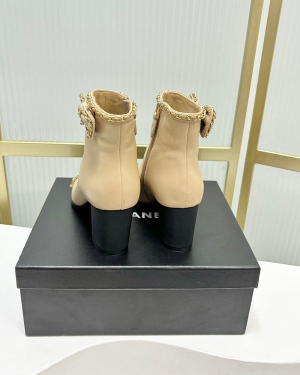 CC Ankle Boot 65 Beige Calfkin Black Grosgrain Leather Strap