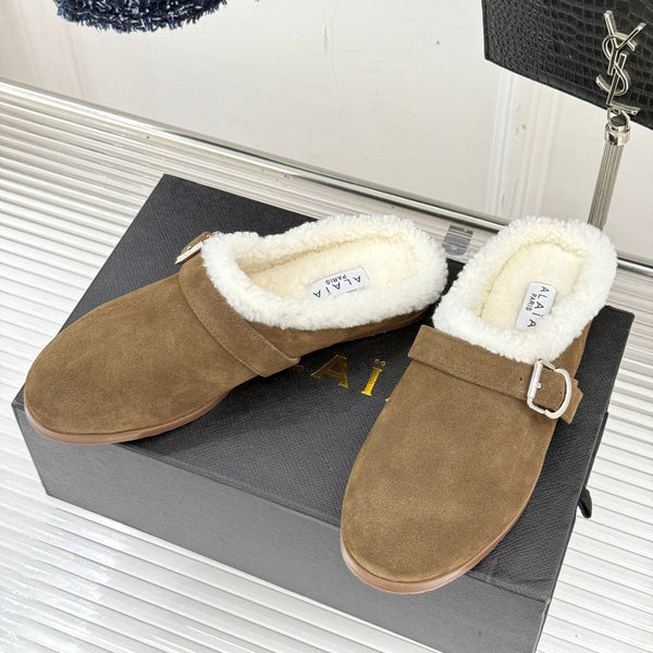Alaia 25WF slippers belt buckle khaki brown suede wool 472227