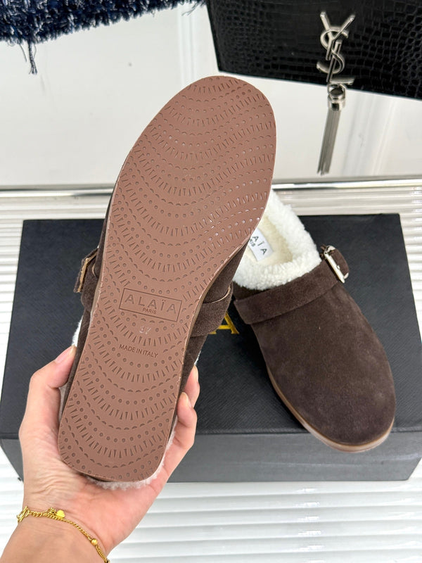 Alaia 25WF slippers belt buckle chocolate brown suede wool 472231