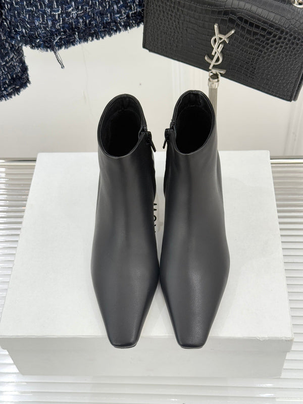 The Row 2025 Square Toe Kitten Heel Ankle Boot Black Sheepskin 572054