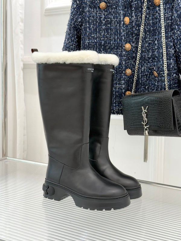 LV Squad High Boot Black Cowhide White Shearing 572463