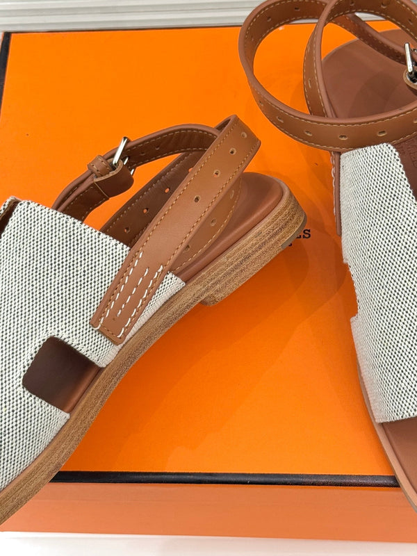 HM Maya Sandal Brown White Leather Canvas 642790