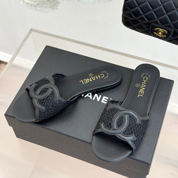 CC Openwork Slippers Black Mesh Lambskin 825757