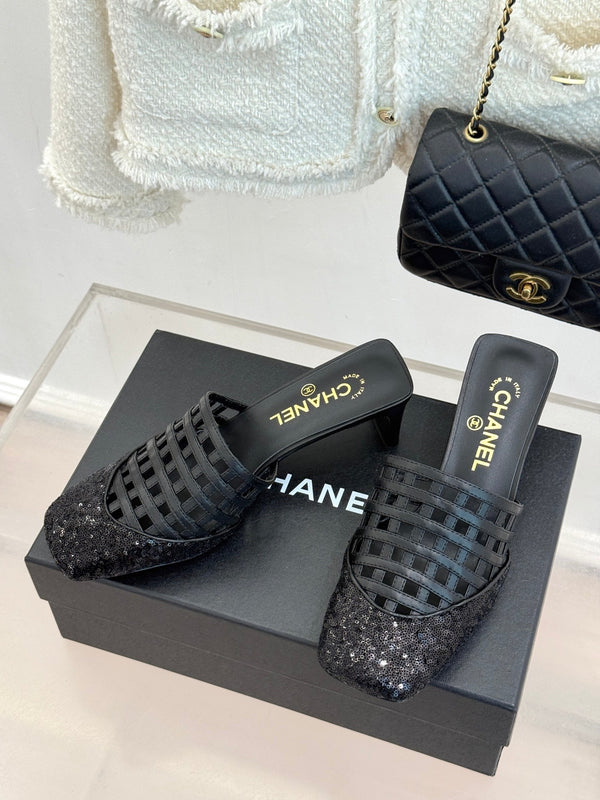 CC Woven Square-Toe Slippers Black Leather 825776