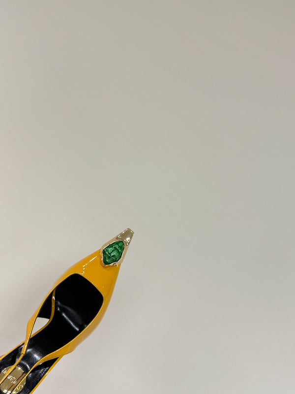 GREEN GEM-STUDDED SLINGBACK PUMPS IN YELLOW PATENT CALFSKIN