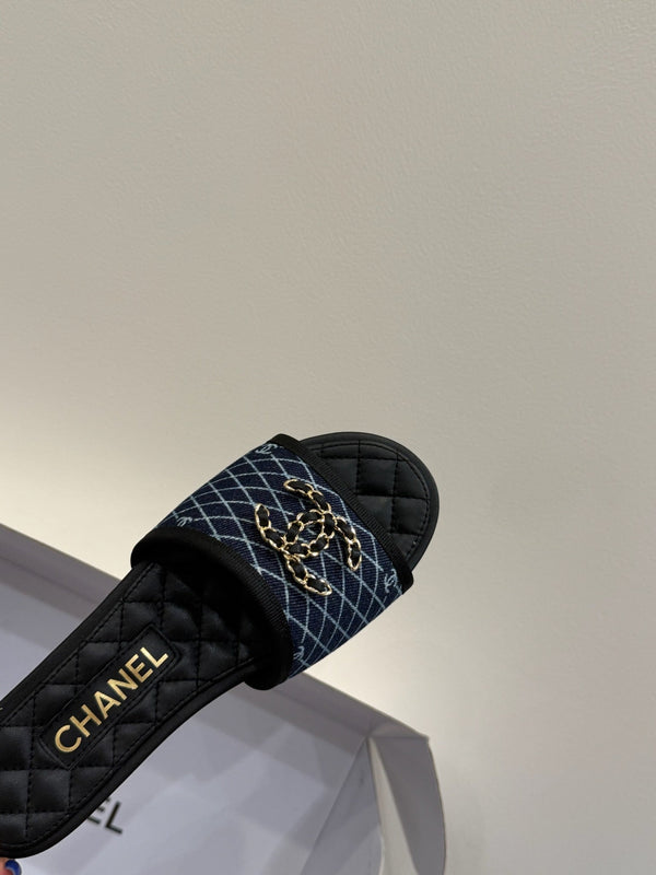 CC 25ss Chain Flat Slippers Black Blue Cowhide & Sheepskin 417564