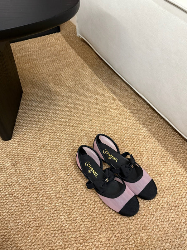 CC 26s Mary Jane Flats In Pink And Black Mesh Ribbon Strap Cap Toe