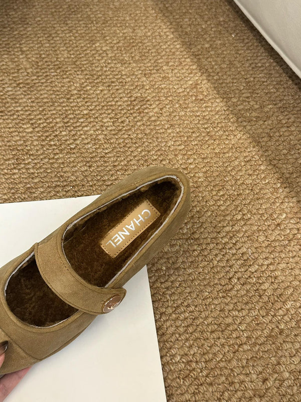 CC 26s Mary Jane Flats Caramel Brown Suede Shearling Lining