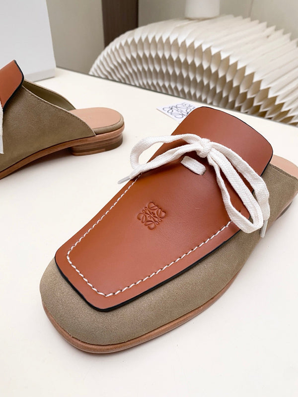 LW 26s Flat Mules In Brown Khaki Calfskin And Suede