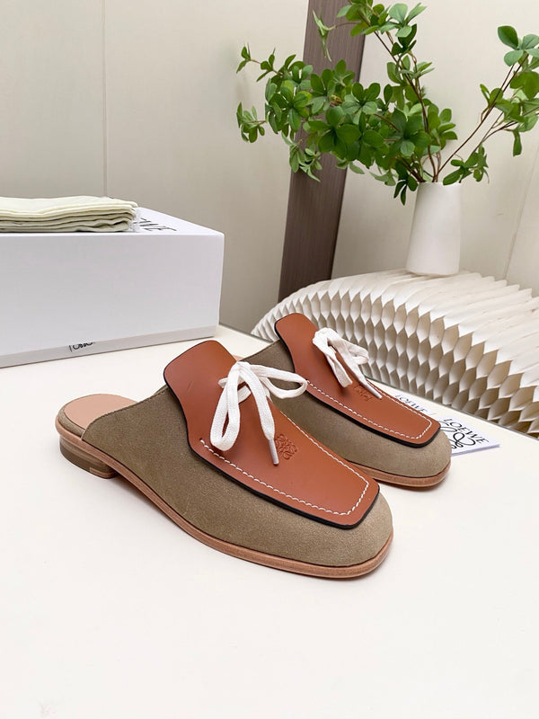 LW 26s Flat Mules In Brown Khaki Calfskin And Suede