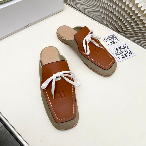 LW 26s Flat Mules In Brown Khaki Calfskin And Suede