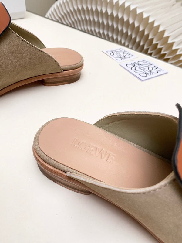 LW 26s Flat Mules In Brown Khaki Calfskin And Suede