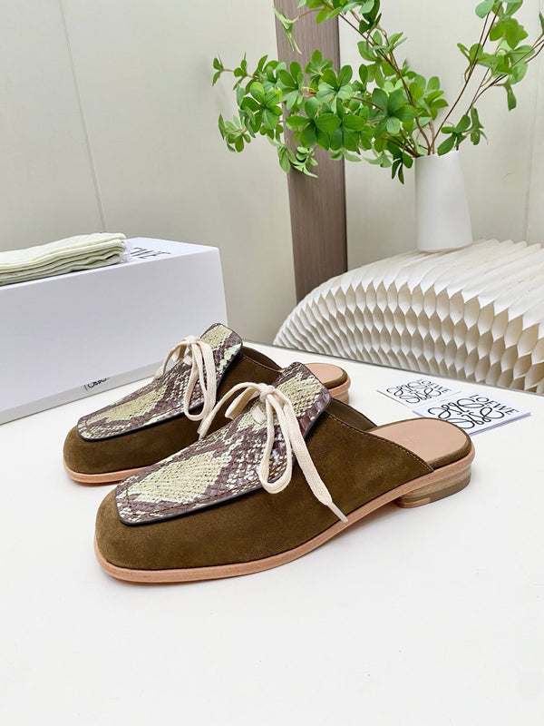 LW 26s Flat Mules In Snakeskin-Embossed Calfskin And Brown Suede