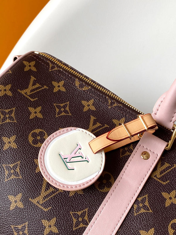 LV M25822 Keepall Bandoulière 45 Travel Bag Brown Pink Monogram Canvas GHW