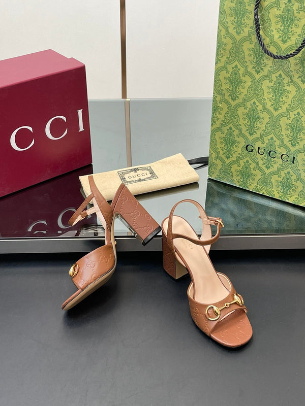GG Women Horsebit Embossed High Heel Sandal Open Toe Gold Sheepskin 149225