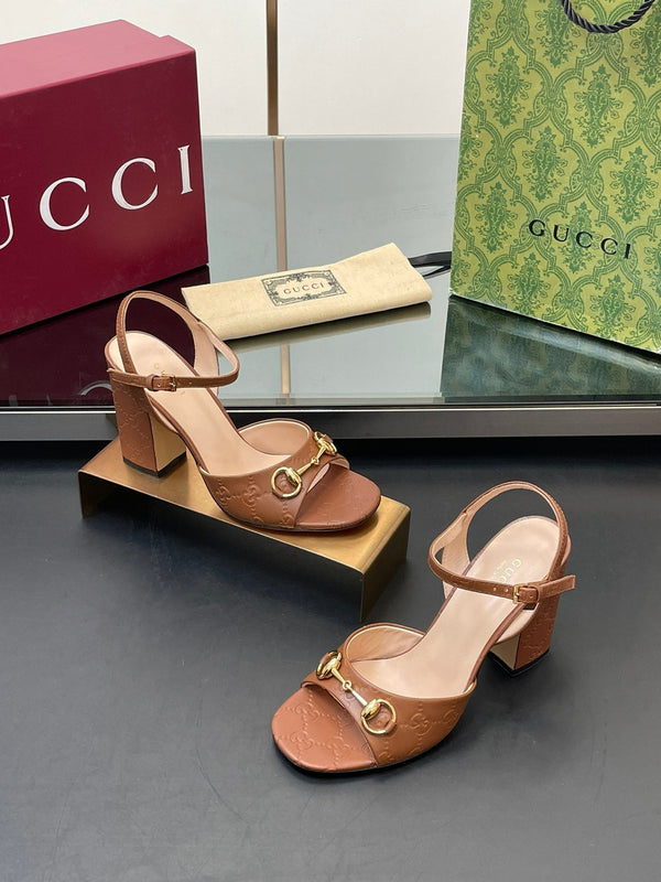 GG Women Horsebit Embossed High Heel Sandal Open Toe Gold Sheepskin 149225