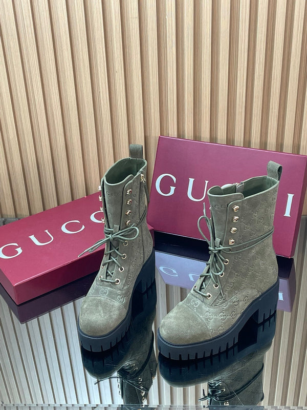 GG 26s Combat Boots Olive GG-Embossed Suede 997189