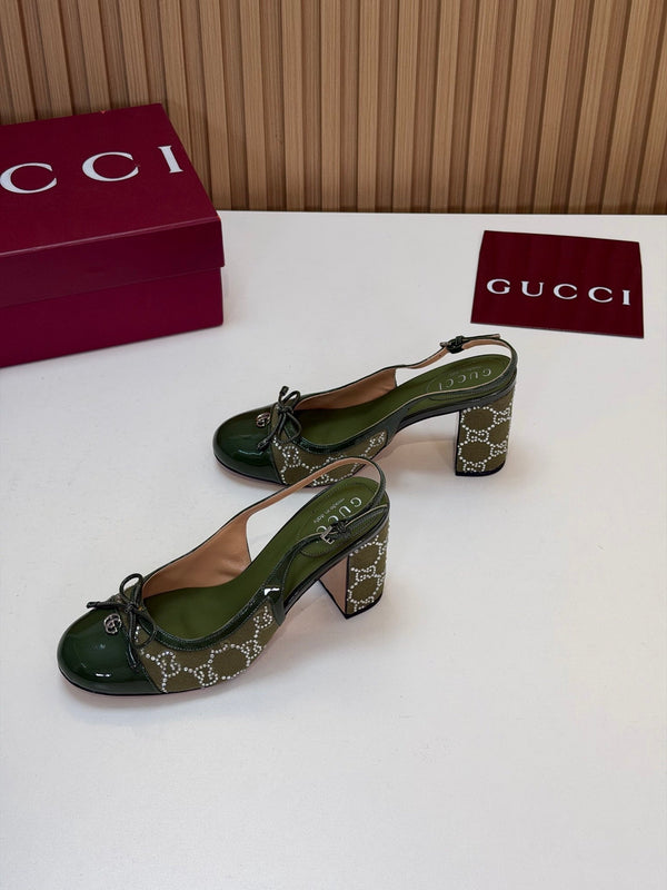 GG 26s Embellished Slingback Pumps 8CM Green Denim 997169