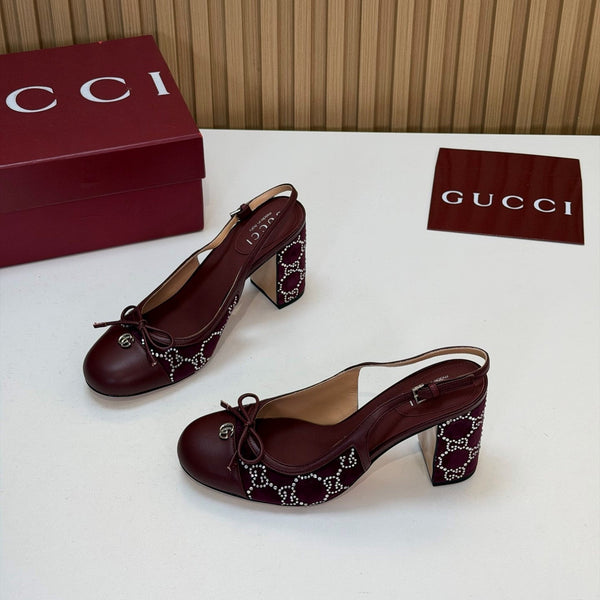 GG 26s Embellished Slingback Pumps 8CM Burgundy Velvet 997163