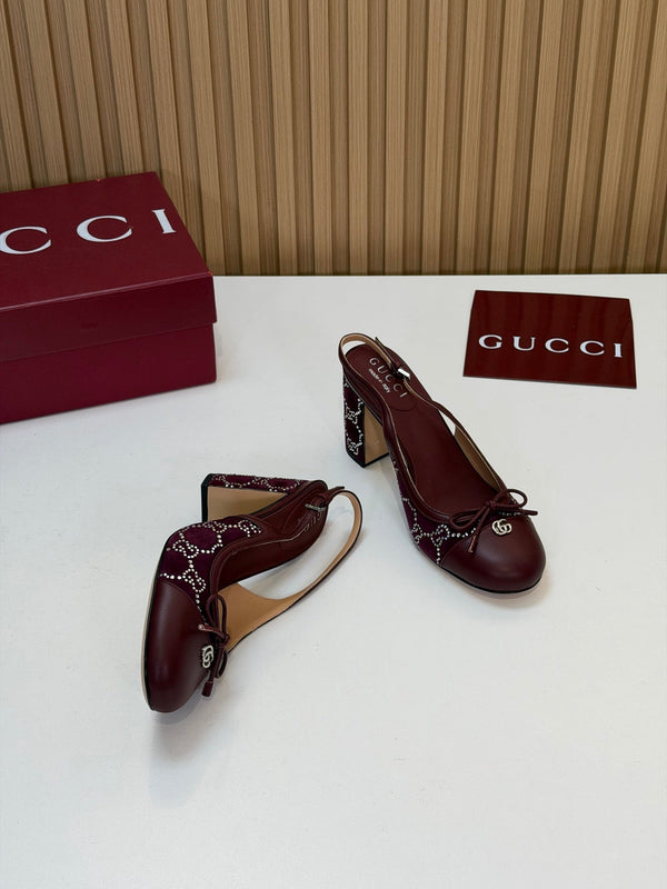 GG 26s Embellished Slingback Pumps 8CM Burgundy Velvet 997163