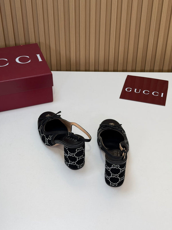 GG 26s Embellished Slingback Pumps 8CM Black Velvet 997166