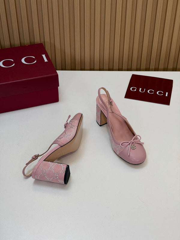 GG 26s Embellished Slingback Pumps 8CM Pink Velvet 997164