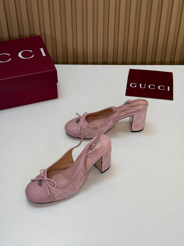 GG 26s Embellished Slingback Pumps 8CM Pink Velvet 997164