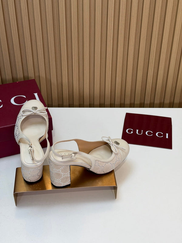 GG 26s Embellished Slingback Pumps 8CM Cream Velvet 997165