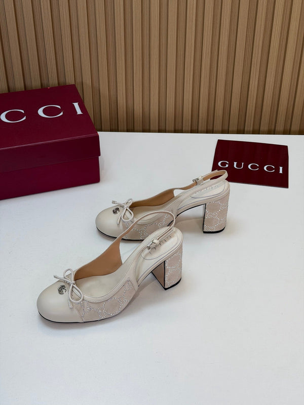 GG 26s Embellished Slingback Pumps 8CM Cream Velvet 997165