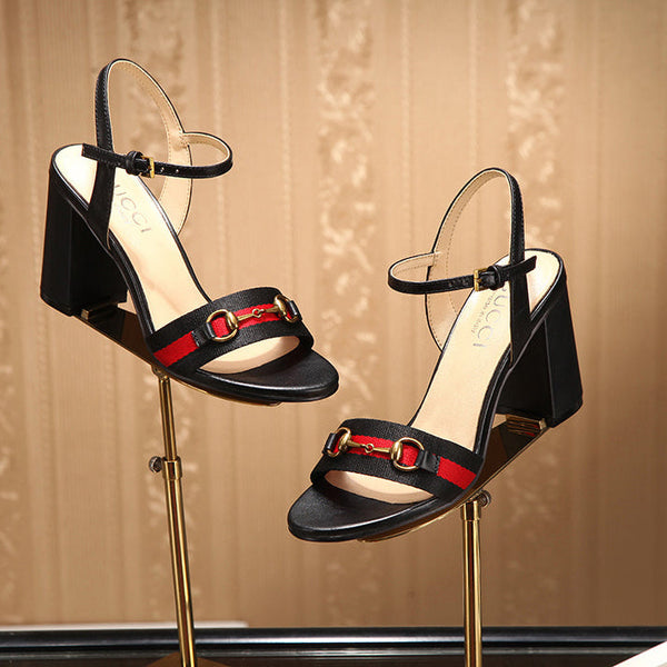 GG 26s Horsebit Sandals 8cm Black Leather Canvas 926698