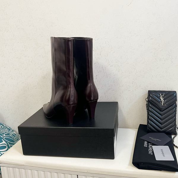 YSL 2025 Short Boot Dark Burgundy Calfskin 575013