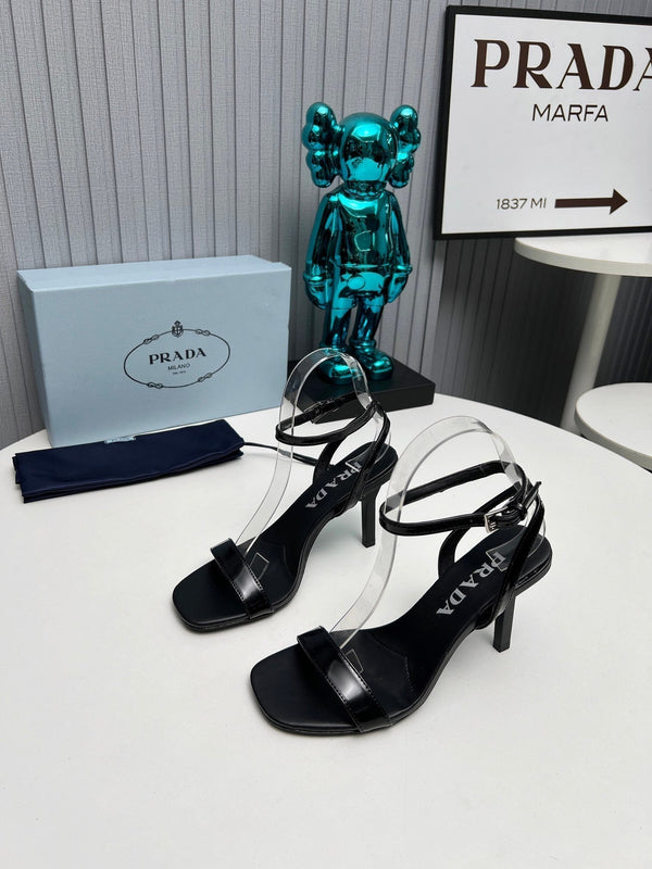 Prad 26s Ankle Strap Sandals Stiletto Heel 80mm In Black Shine Calfskin