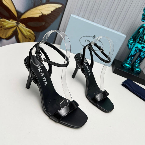 Prad 26s Ankle Strap Sandals Stiletto Heel 80mm In Black Shine Calfskin