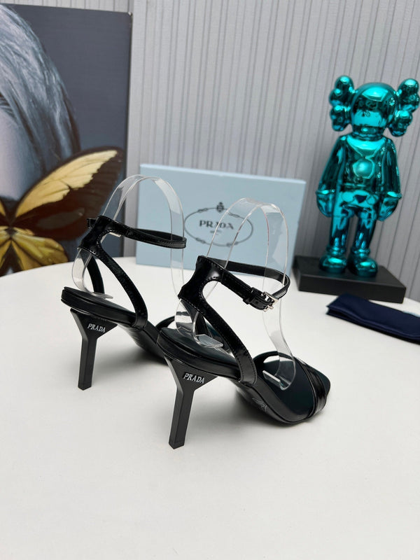 Prad 26s Ankle Strap Sandals Stiletto Heel 80mm In Black Shine Calfskin