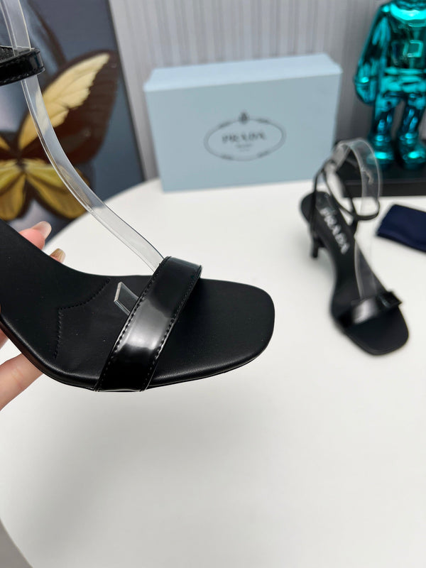 Prad 26s Ankle Strap Sandals Stiletto Heel 80mm In Black Shine Calfskin