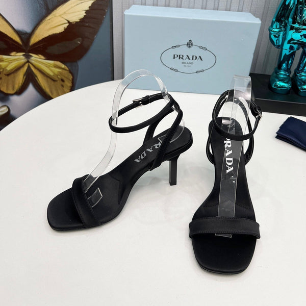 Prad 26s Ankle Strap Sandals Stiletto Heel 80mm In Black Satin